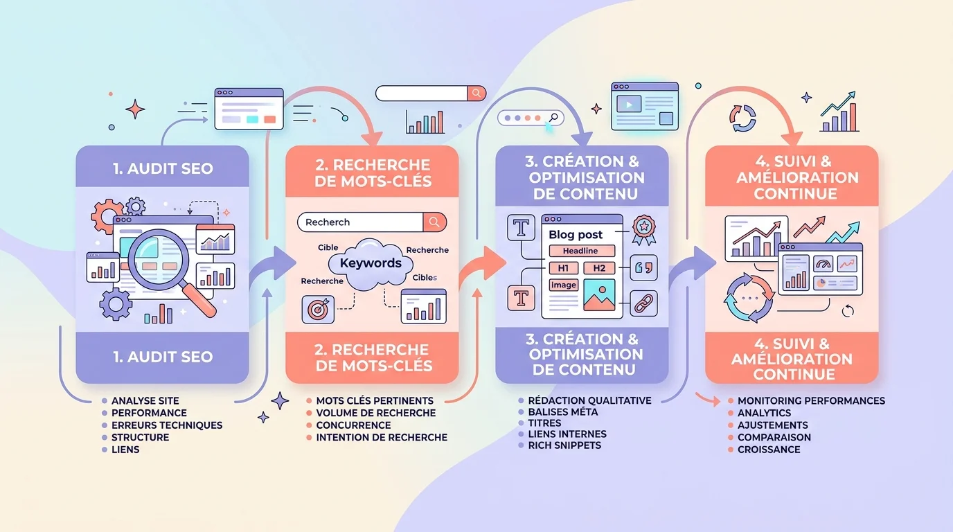 Schéma en quatre étapes montrant le processus d'optimisation SEO avec audit, mots-clés, contenu et suivi