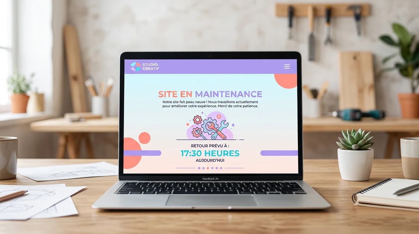 Maquette de page de maintenance soignée sur écran d'ordinateur portable, logo en haut, message centré et horaire de retour, fond clair atelier