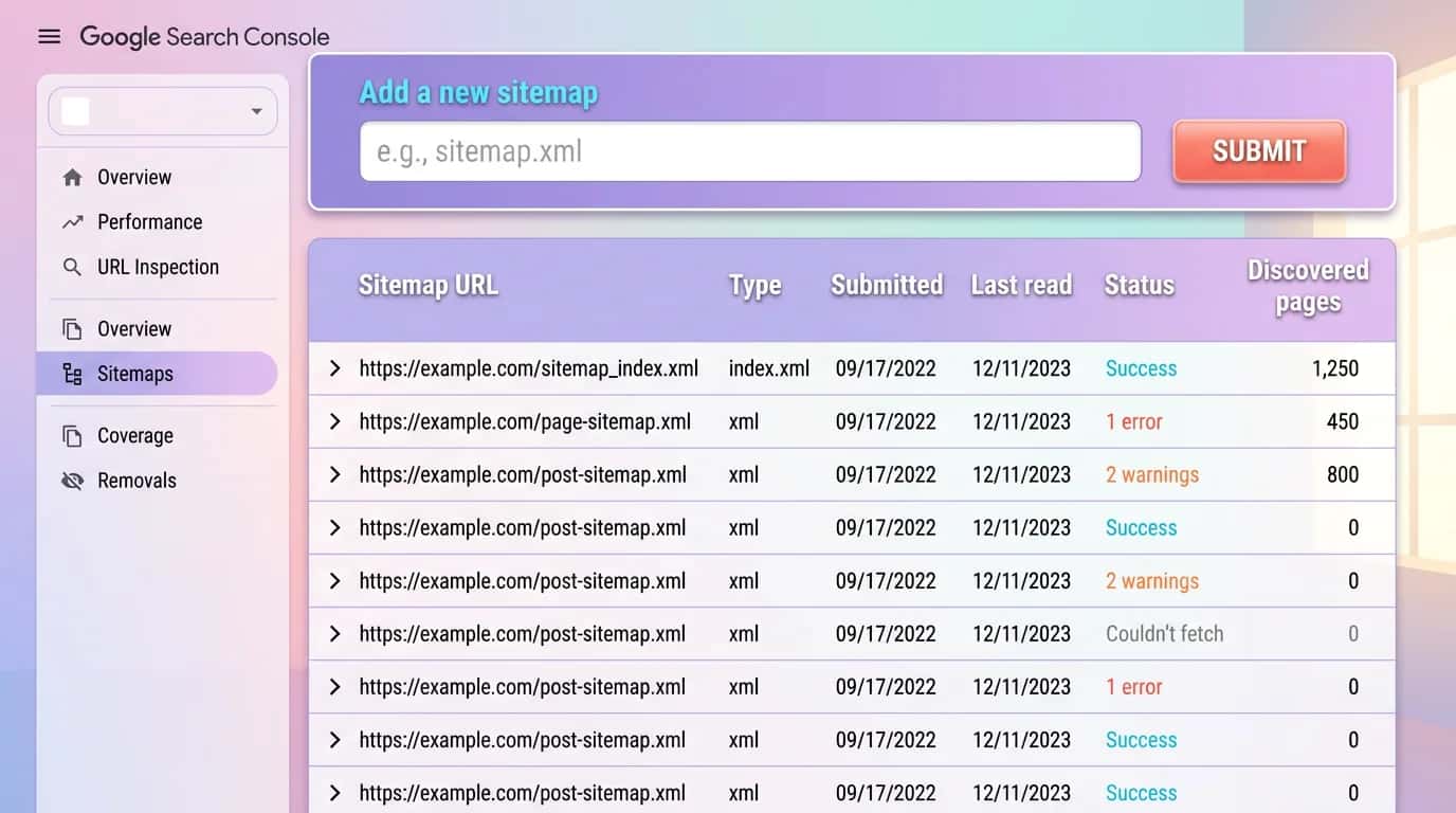 Google Search Console open on the Sitemaps report with a submission field visible