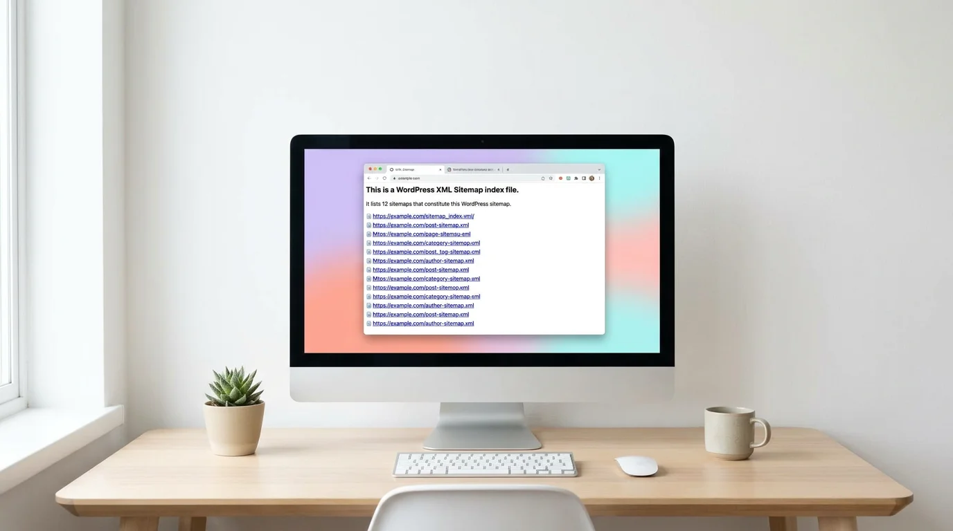 Fenêtre de navigateur affichant un index XML WordPress avec plusieurs liens de sitemaps sur fond blanc