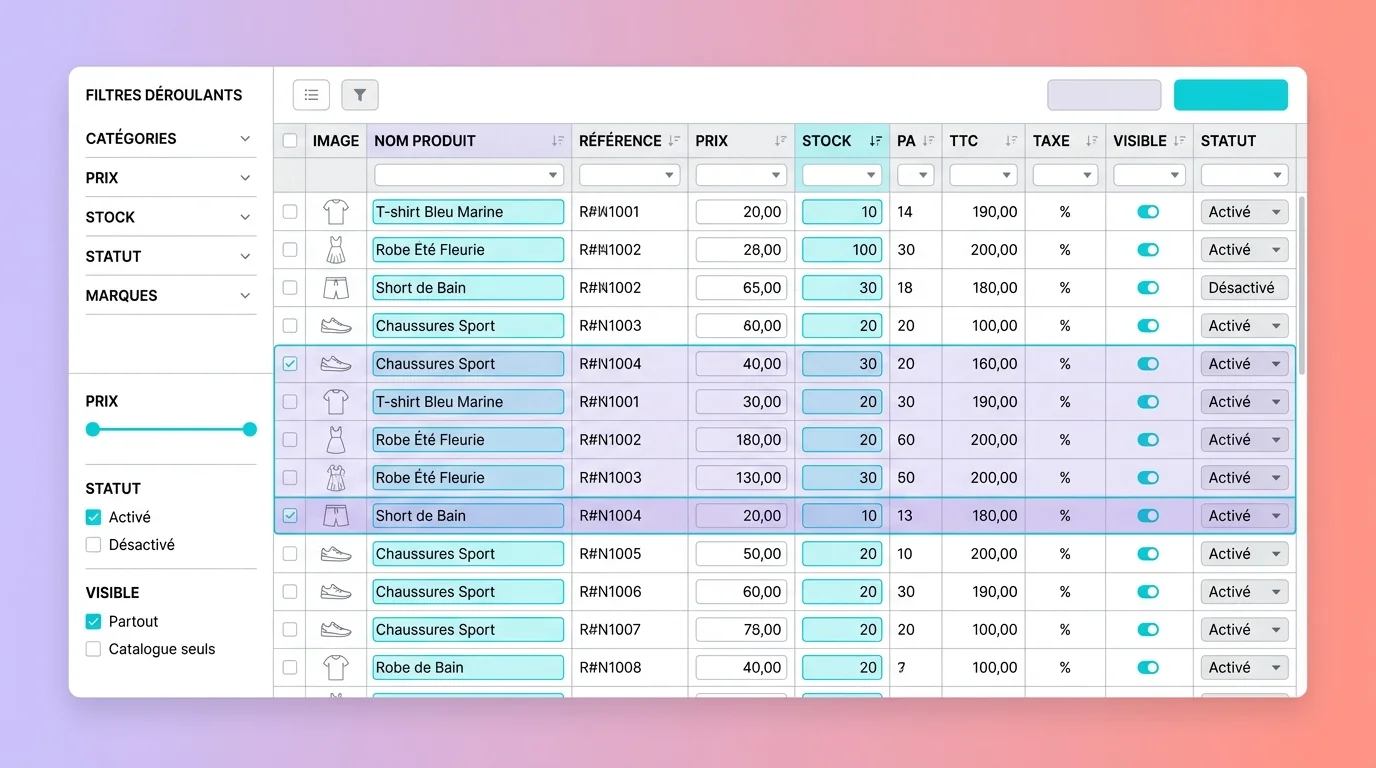 Store Commander spreadsheet interface with editable PrestaShop product columns and active side filters