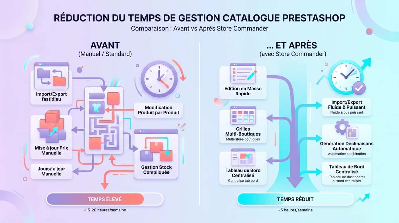 Comparison chart showing the reduction in catalogue management time before and after Store Commander for PrestaShop