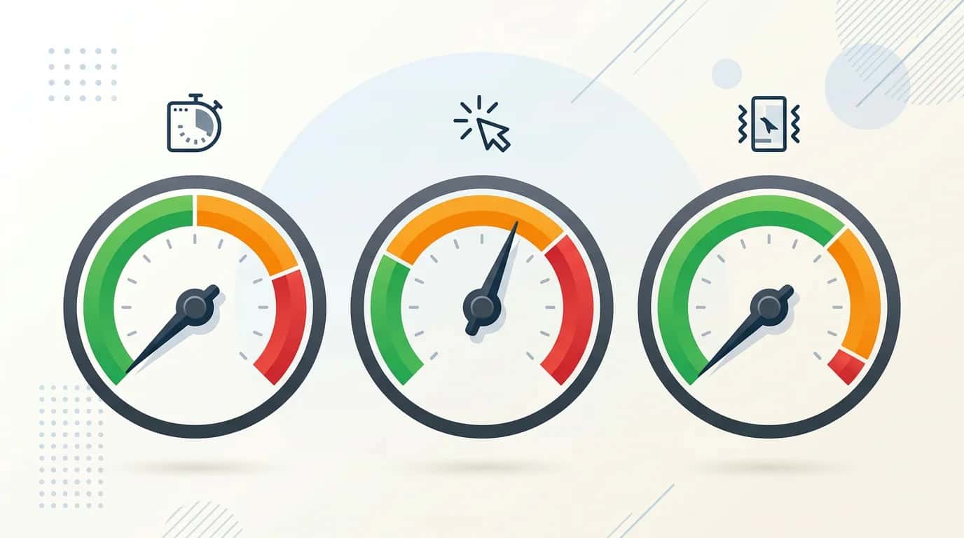 Diagram of the three Core Web Vitals, LCP, INP and CLS, with green, amber and red gauges showing Google's recommended thresholds