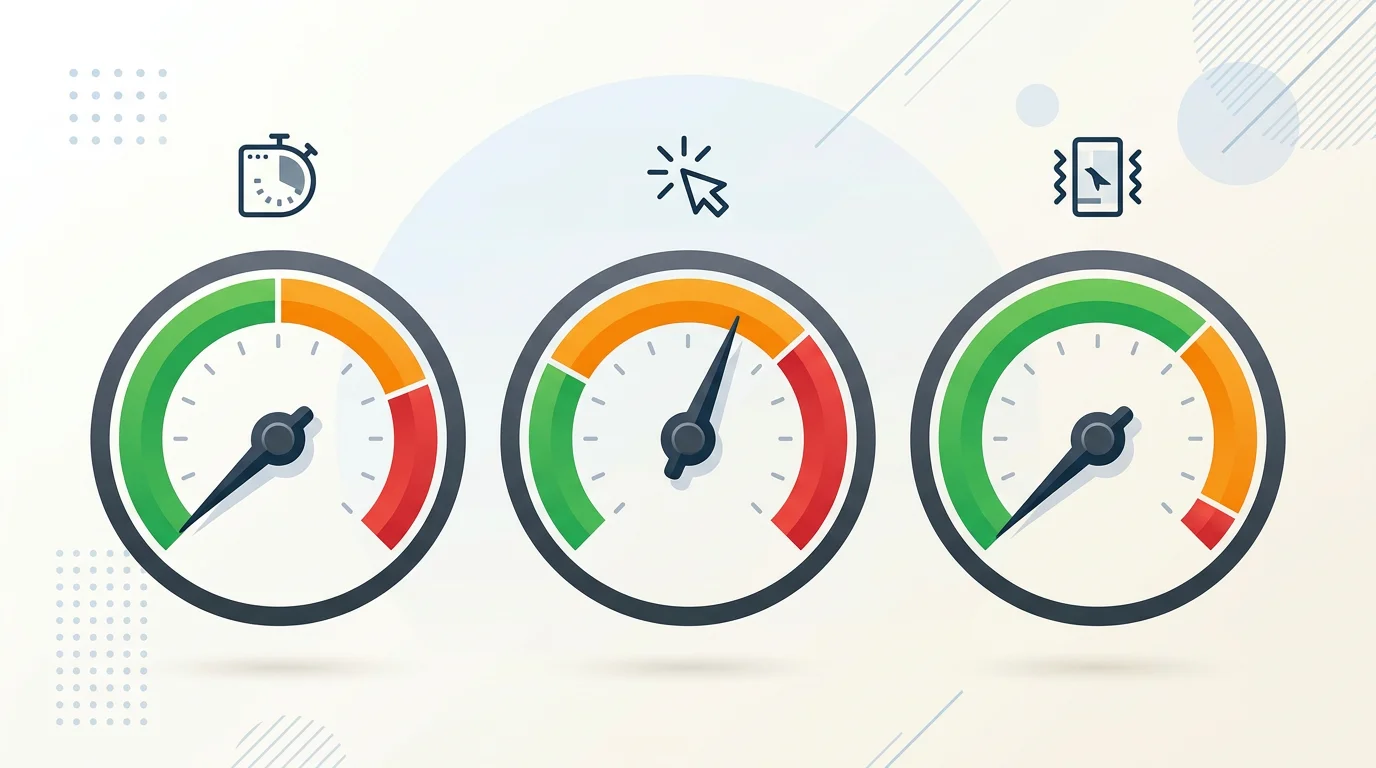 Diagramme illustrant les trois metriques Core Web Vitals LCP INP et CLS avec des jauges colorees vert orange rouge affichant les seuils recommandes par Google