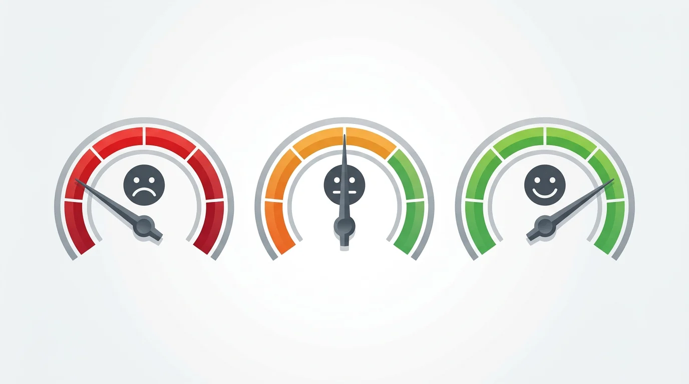 Trois jauges colorees cote a cote rouge orange vert illustrant les scores PageSpeed 0-50 critique 50-90 moyen et 90-100 excellent avec icones d'impact PME