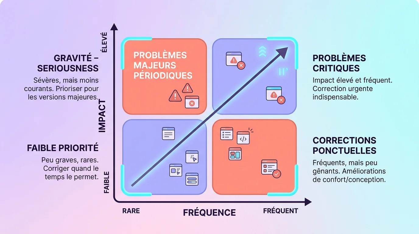 Matrice de priorisation des problèmes UX avec deux axes fréquence et impact et quatre quadrants colorés