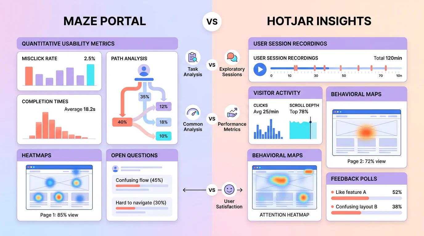 Écran partagé affichant les interfaces de Maze et Hotjar côte à côte pour un test UX complet