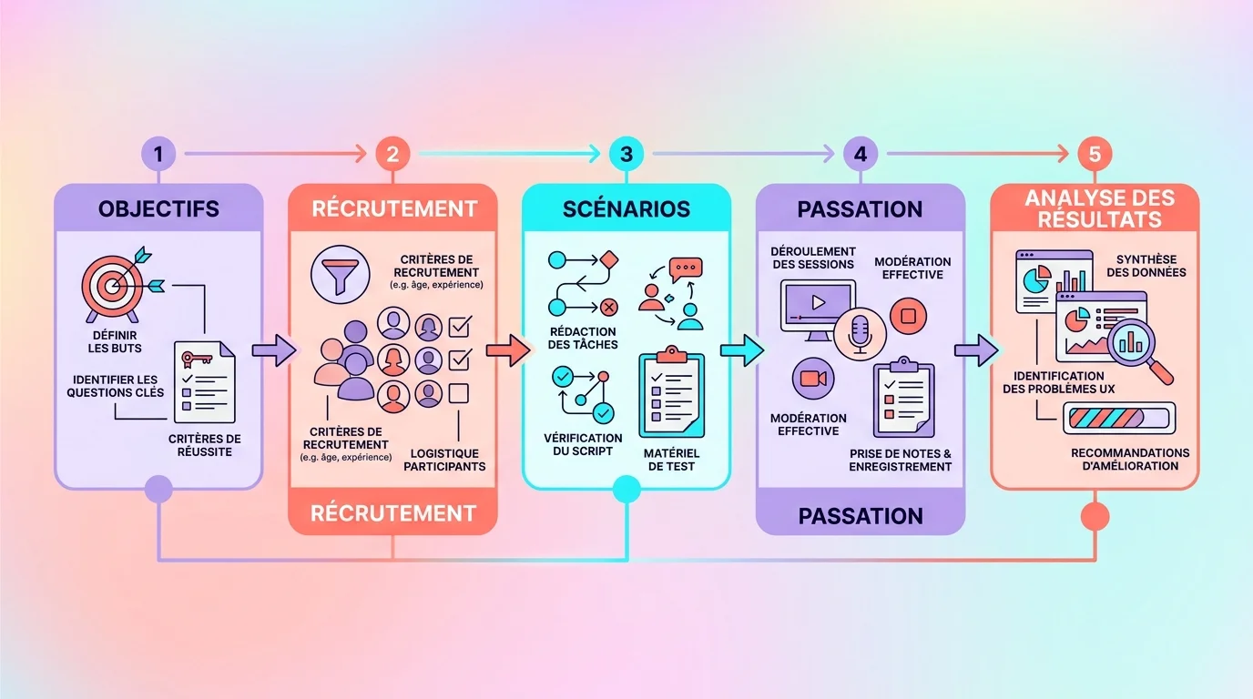 Schéma d'un protocole de test UX avec cinq phases : objectifs, recrutement, scénarios, passation et analyse des résultats