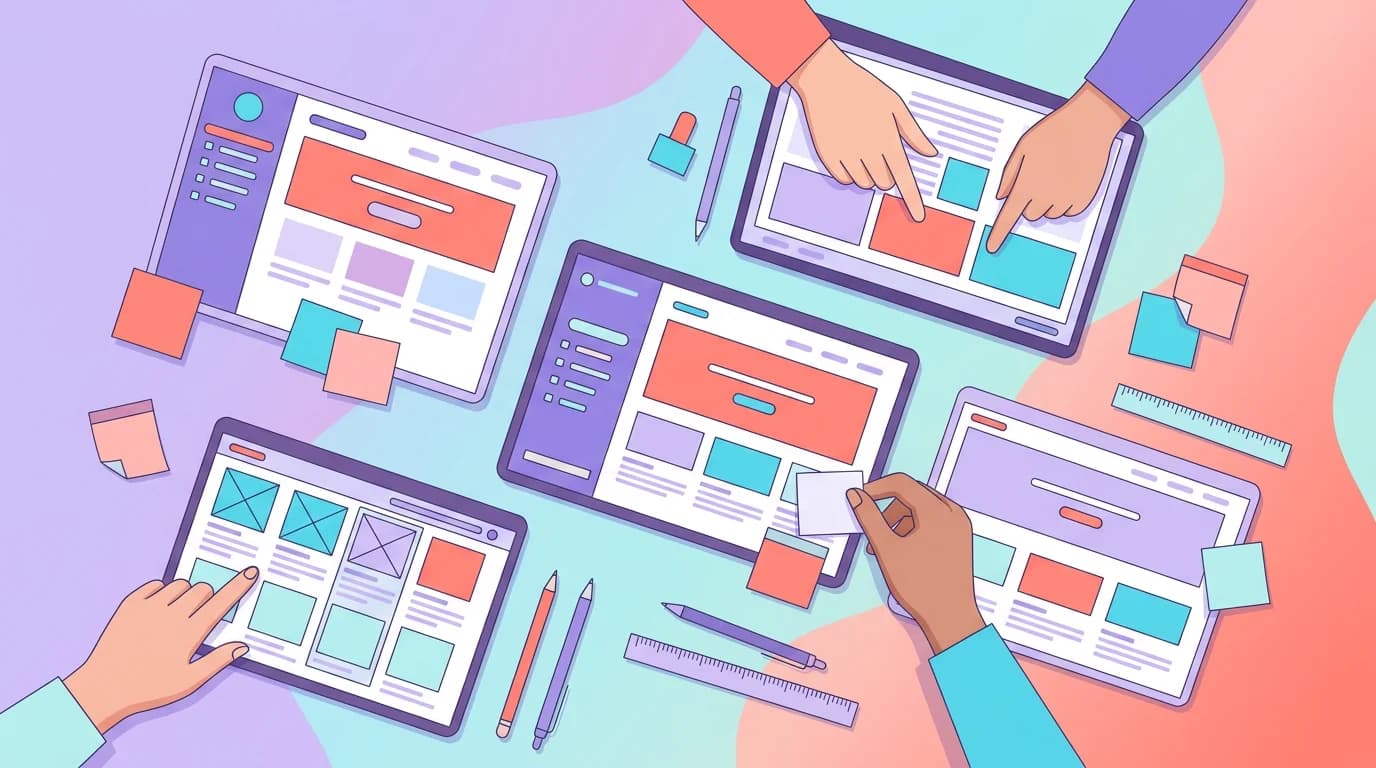 Équipe de trois personnes collaborant autour d'un écran montrant des maquettes d'interface, post-its colorés sur un tableau blanc en arrière-plan