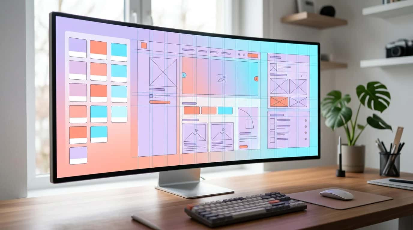 UI designer working on an interface mock-up on a large screen showing a colour palette and layout grids
