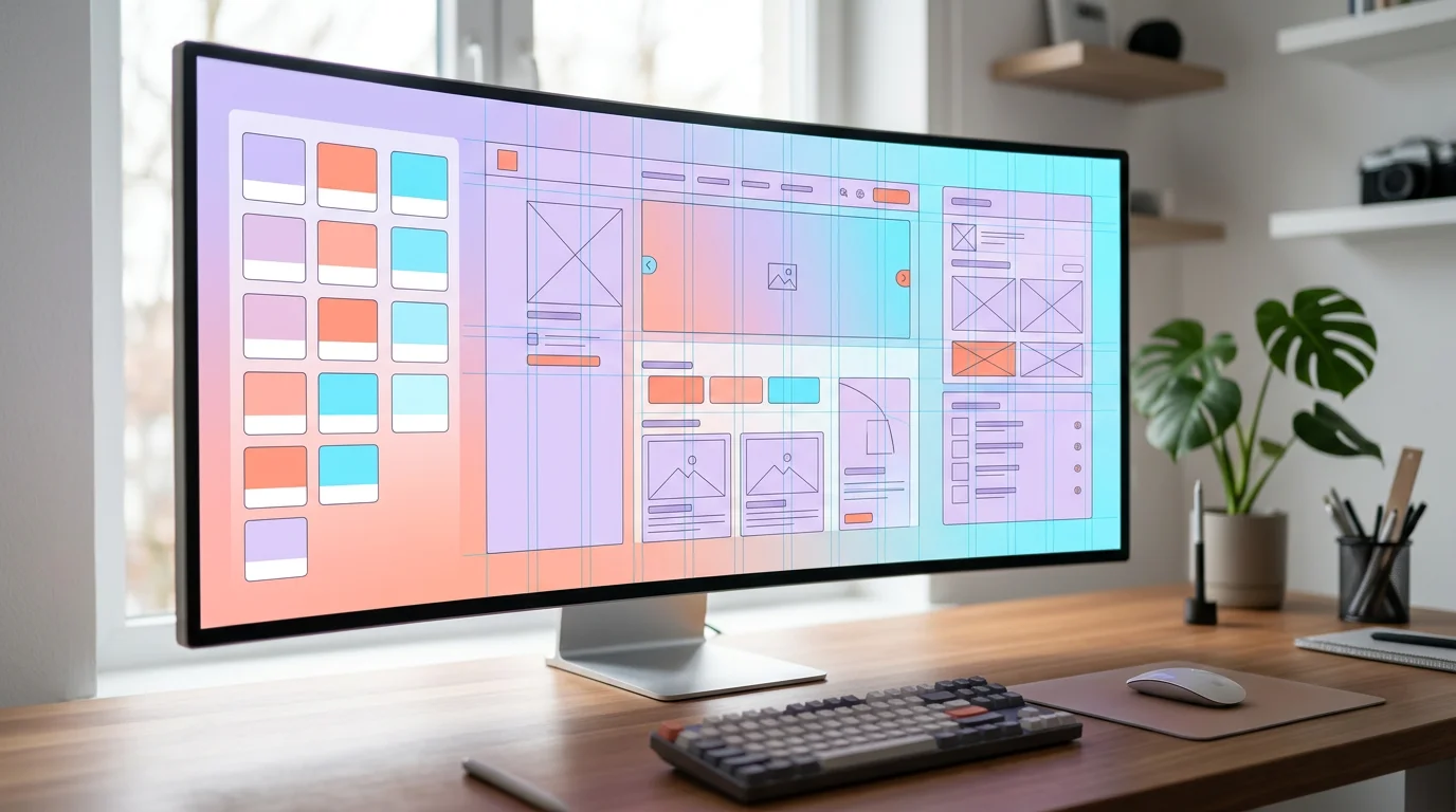 UI designer travaillant sur une maquette d'interface sur écran large avec palette de couleurs et grilles de mise en page visibles