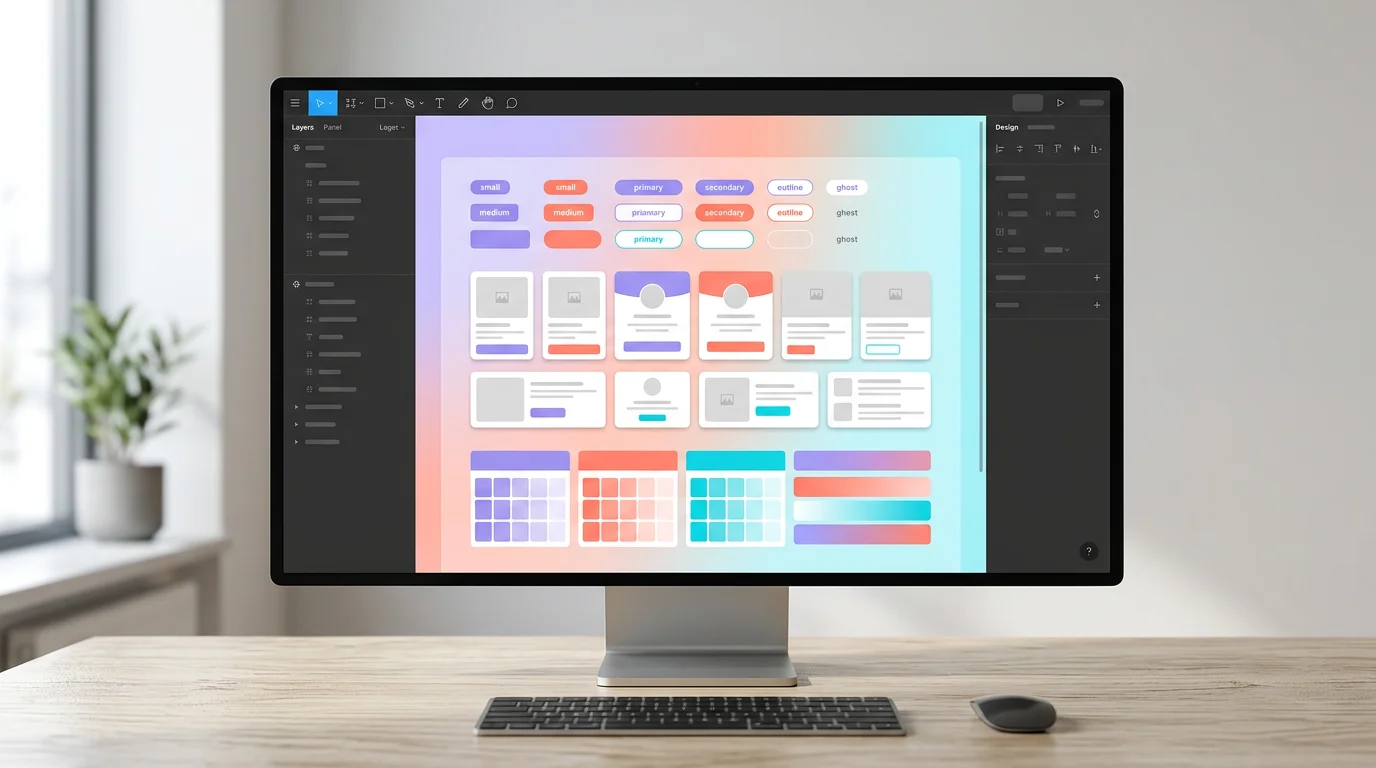 Computer screen showing Figma with a design system of buttons, cards and colour palettes