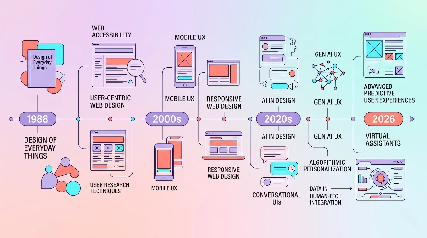 Frise chronologique de l'UX design montrant les dates cles de 1988 a 2026 avec Donald Norman, le web et l'IA