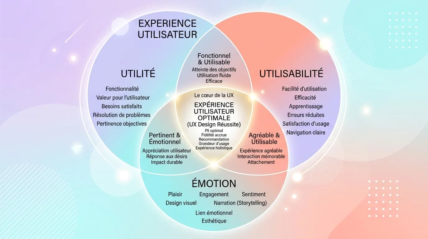 Diagramme de Venn montrant les 3 piliers UX design utilite utilisabilite et emotion avec zone d'intersection au centre