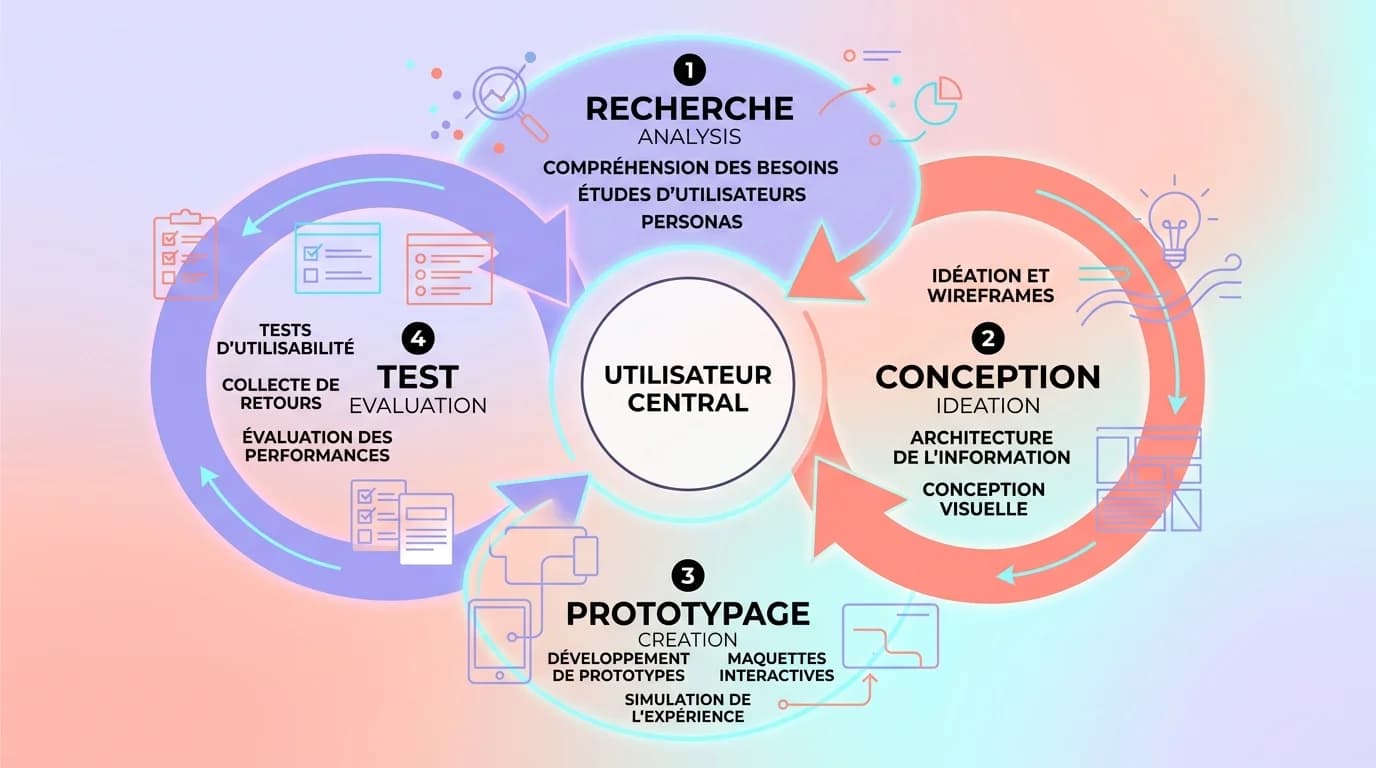 Schema circulaire du processus UX design avec les etapes recherche, conception, prototypage et test autour d'un utilisateur central