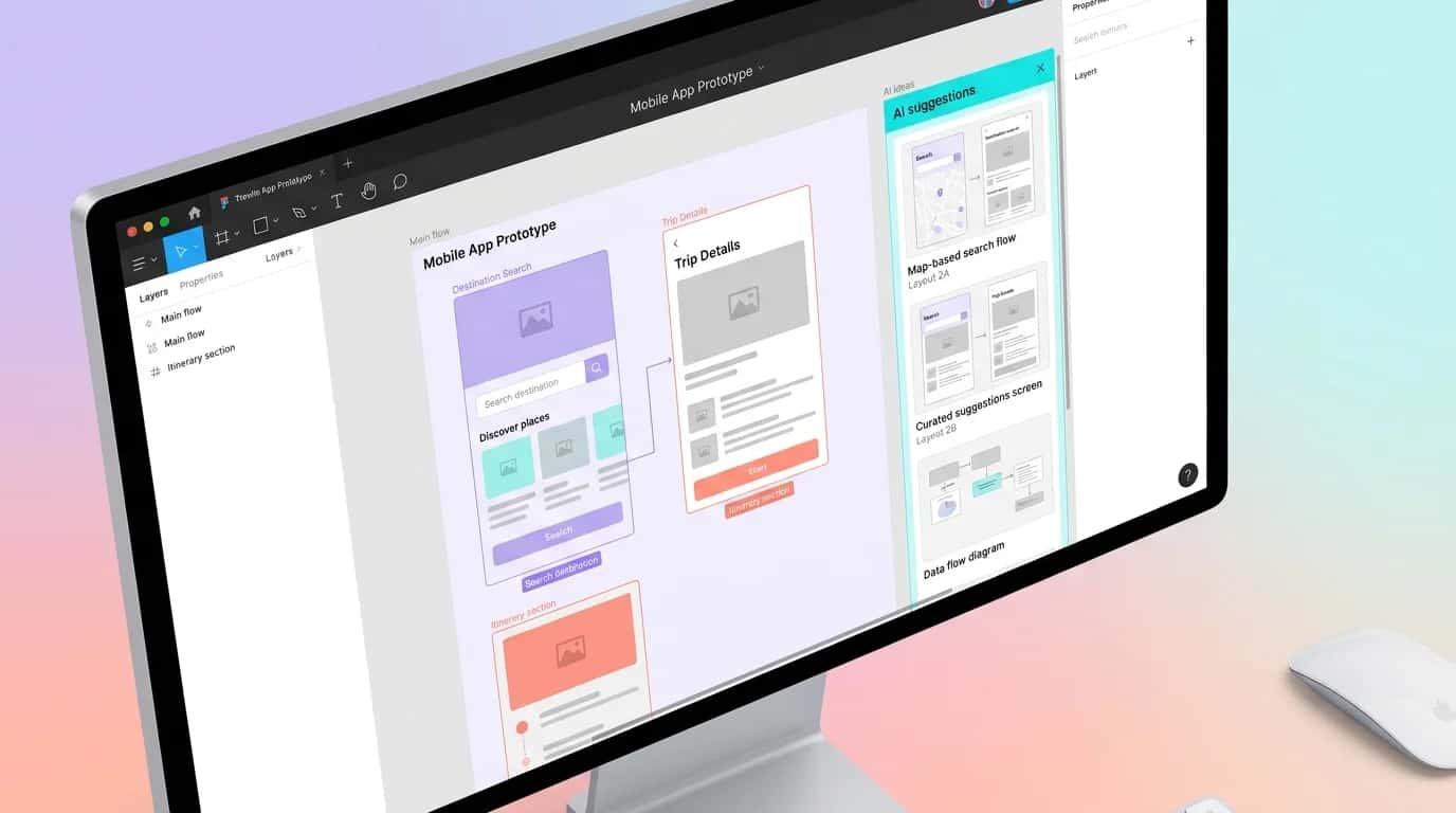 Computer screen showing a Figma interface with AI wireframe suggestions beside a UX designer working on a prototype