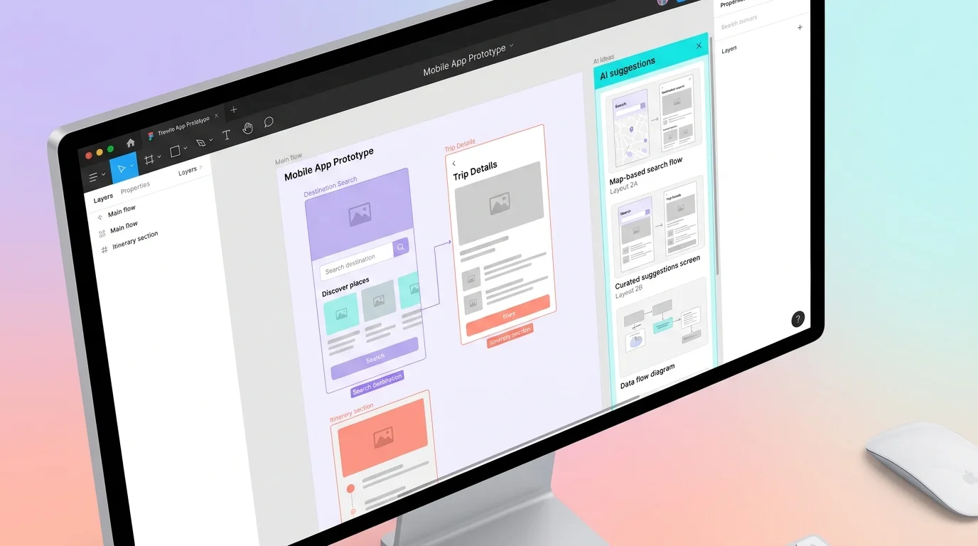 Ecran d'ordinateur affichant une interface Figma avec des suggestions IA de wireframes a cote d'un UX designer travaillant sur un prototype