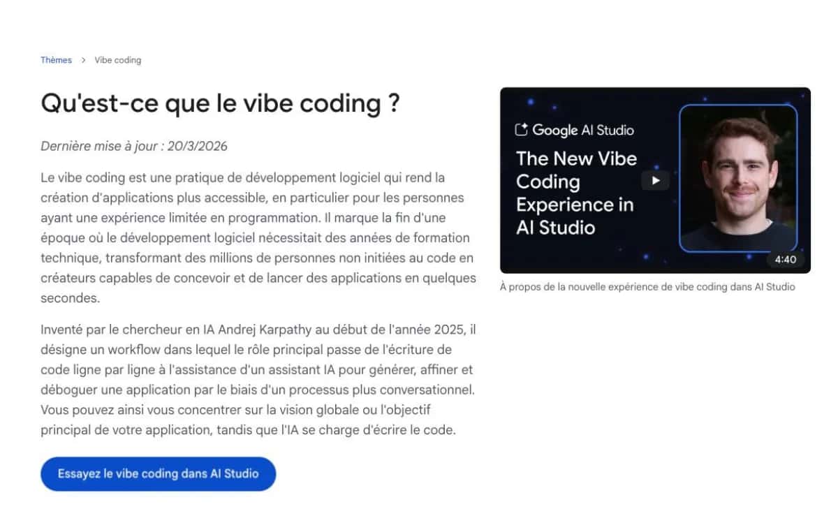 Page « Qu’est-ce que le vibe coding ? » de Google Cloud, mise à jour le 20 mars 2026, avec sa définition et le renvoi vers Google AI Studio.