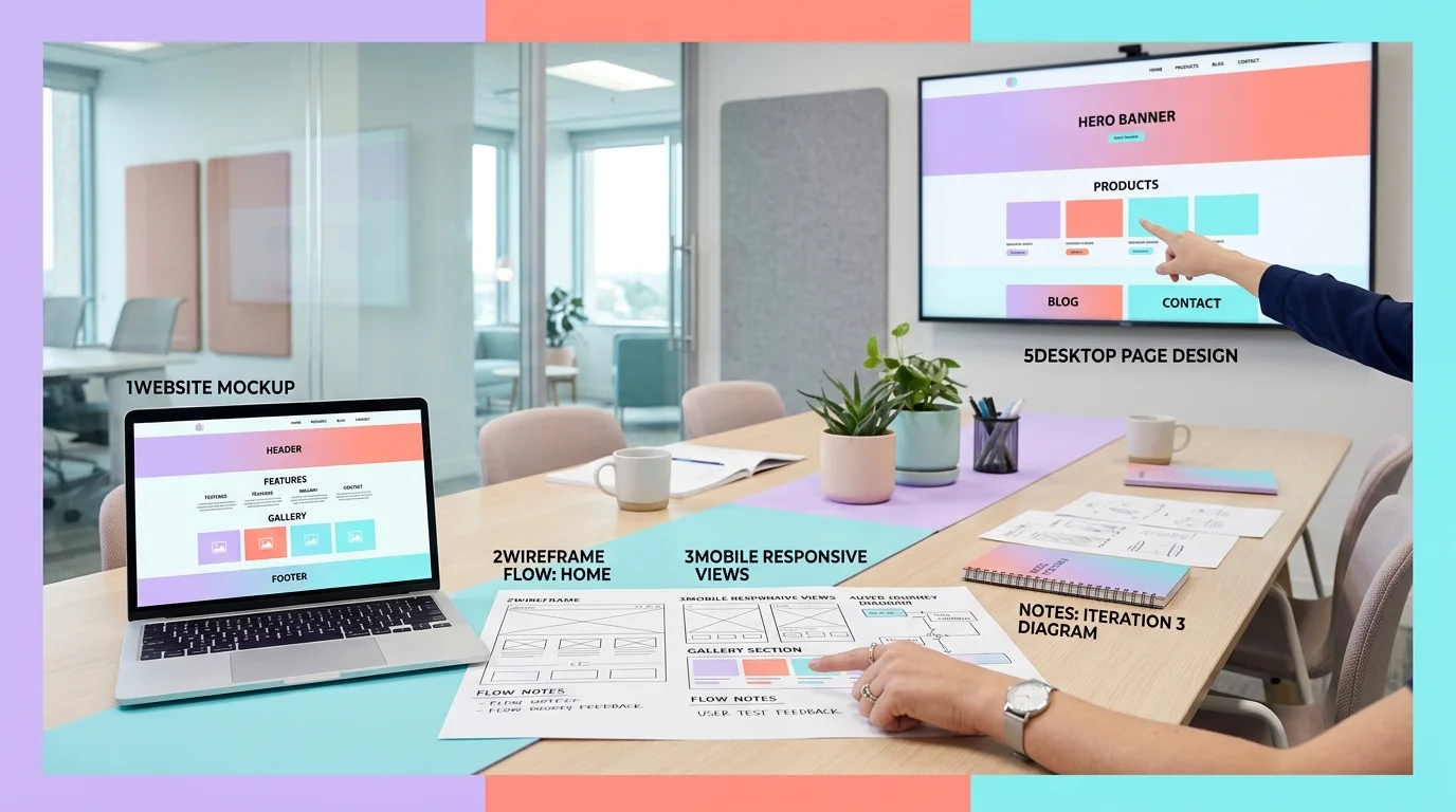 Réunion entre dirigeant de PME, webdesigner freelance et développeur devant une maquette projetée sur un mur