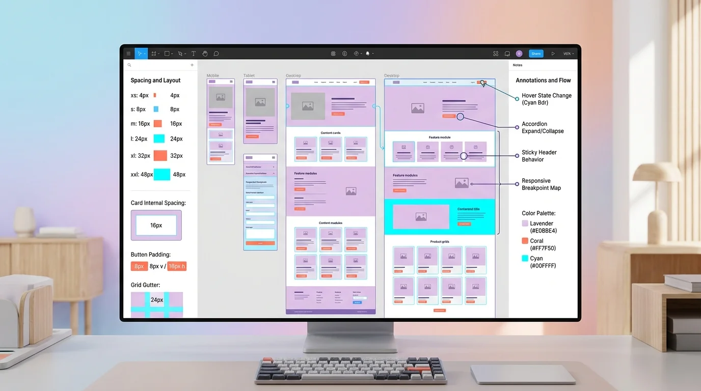 Maquette responsive dans Figma avec composants, variantes et annotations développeur visibles sur un grand écran