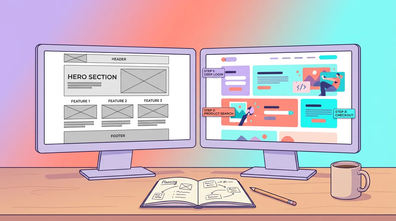 Webdesigner freelance à son bureau avec double écran, maquette Figma ouverte et brief client posé sur la table