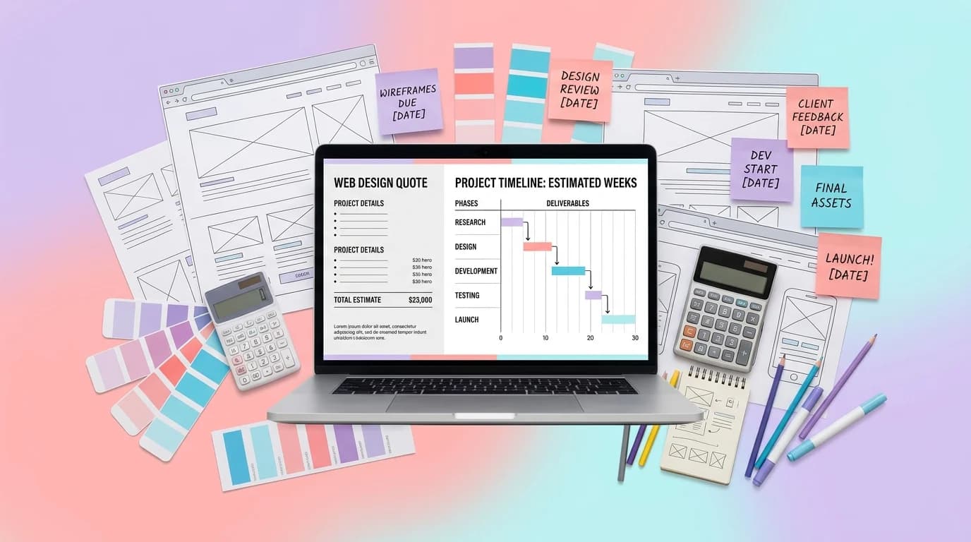 Écran montrant un devis de webdesign, un planning de production et des maquettes de pages alignées côte à côte