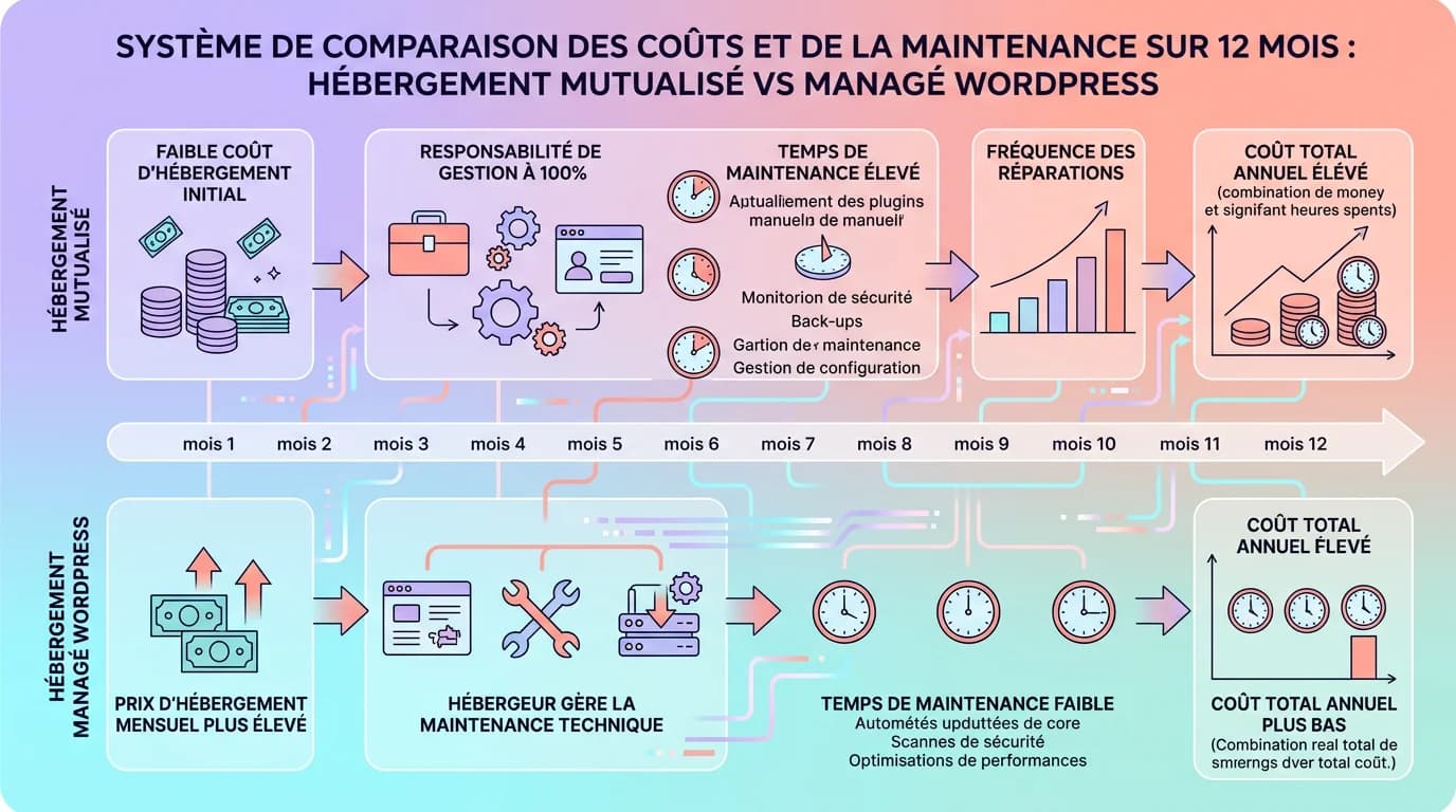 Diagramme comparatif des coûts hébergement mutualisé versus managé WordPress sur 12 mois incluant temps de maintenance