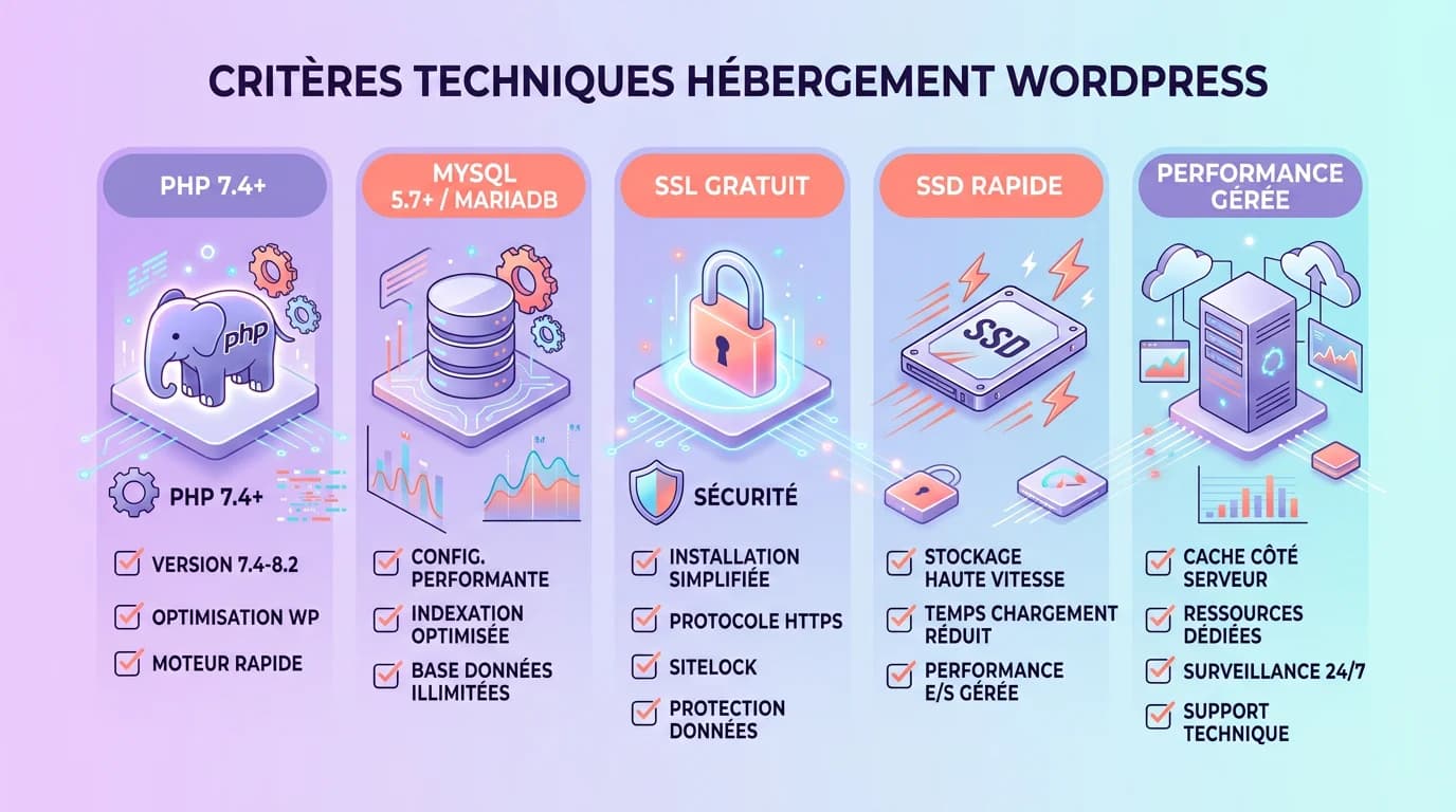 Checklist visuelle des critères techniques pour choisir un hébergement WordPress avec icônes PHP MySQL SSL et SSD