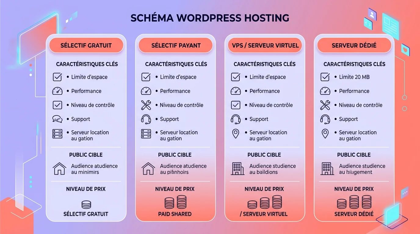 Schéma comparatif montrant les différents types d'hébergement WordPress avec leurs caractéristiques et niveaux de prix