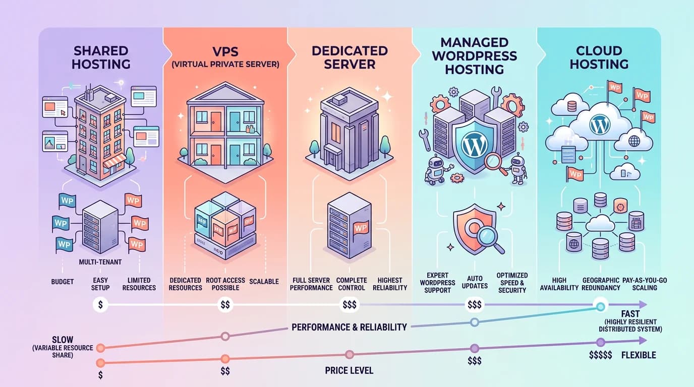 Infographie montrant les cinq types d'hébergement WordPress du mutualisé au cloud avec niveaux de performance et prix