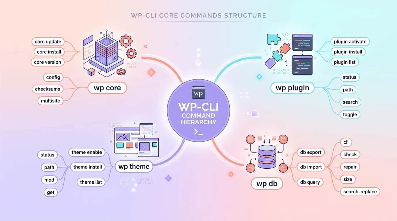 Diagram showing the WP-CLI command hierarchy branching into wp core, wp plugin, wp theme and wp db