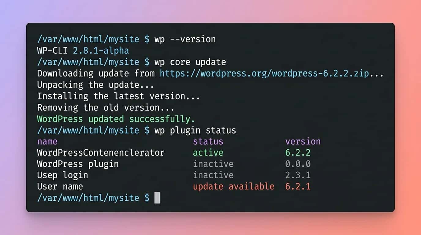 Dark command terminal showing WP-CLI commands with coloured results