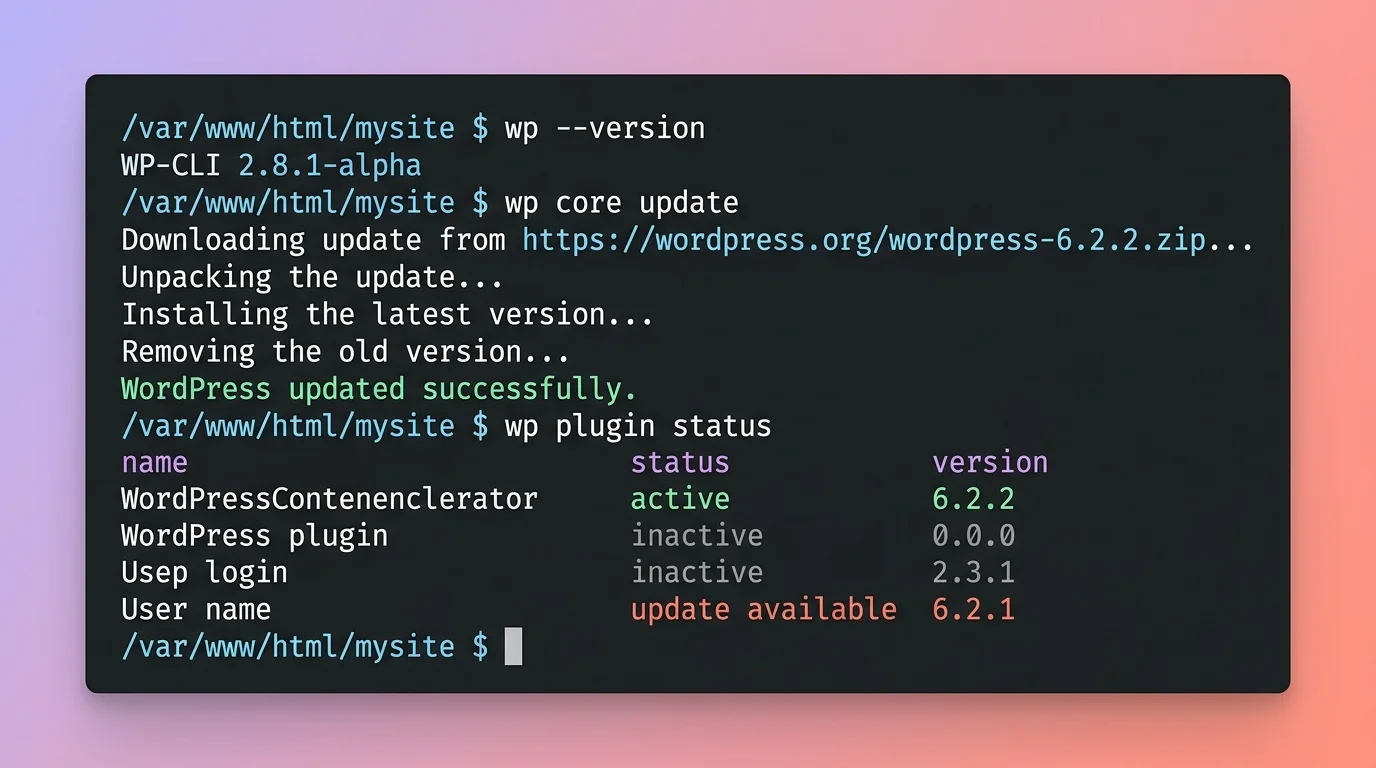 Terminal de commande affichant des commandes WP-CLI sur un ecran sombre avec des resultats colores