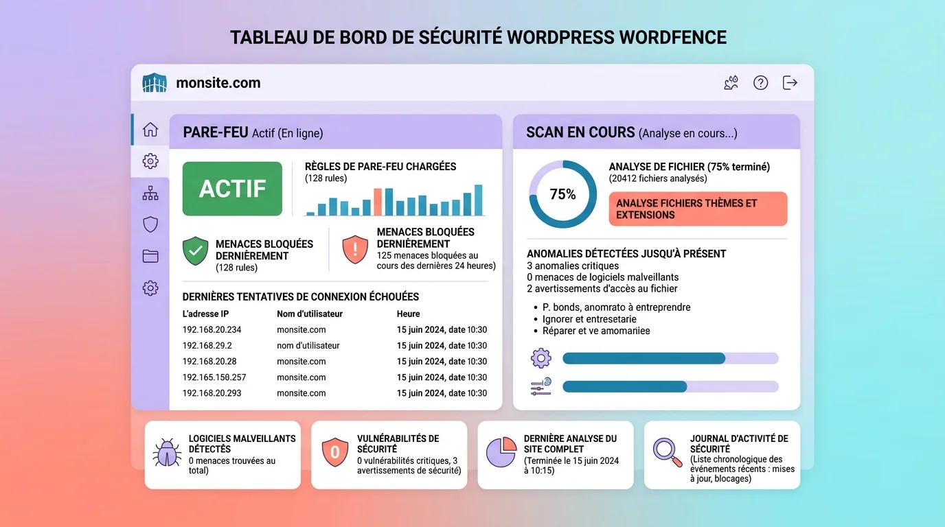 Interface du plugin Wordfence affichant un tableau de bord de sécurité WordPress avec pare-feu actif et scan en cours