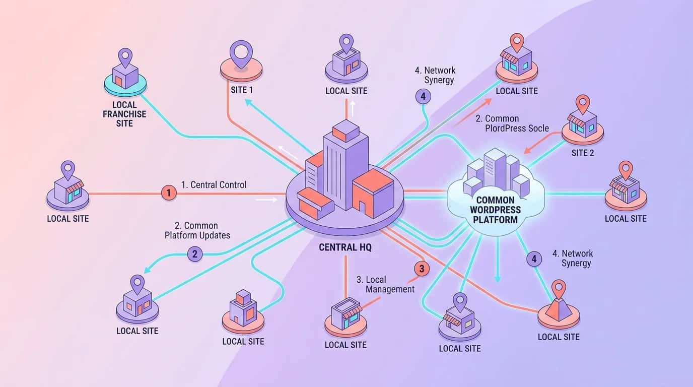 Wall map of a franchise network with local websites connected to head office and a shared WordPress foundation
