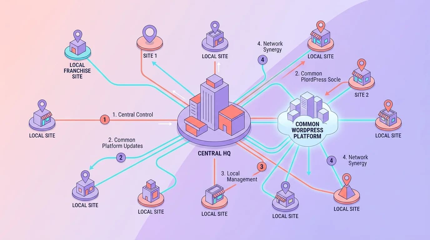 Carte murale d’un réseau de franchises avec sites locaux reliés à un siège central et à un socle WordPress commun