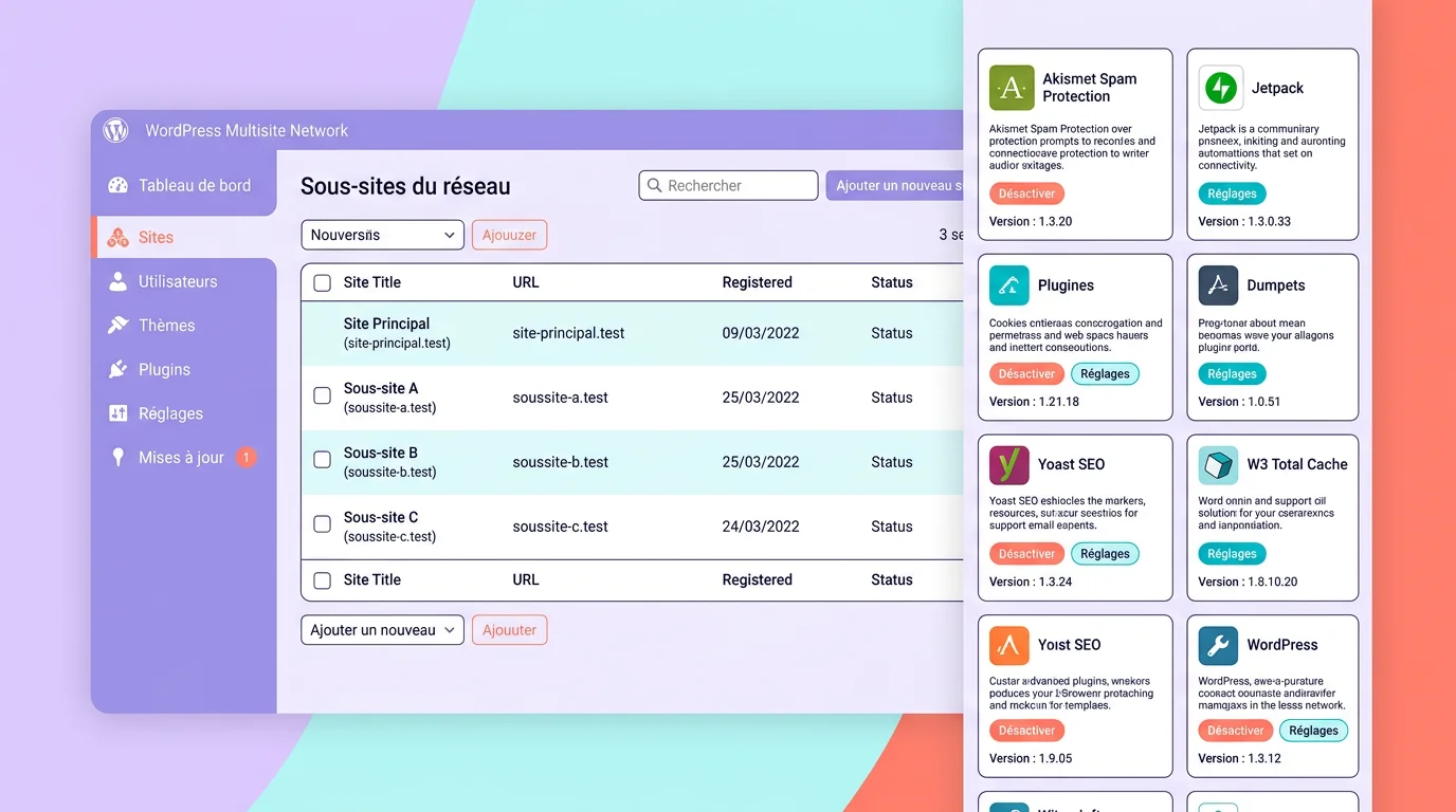 Interface WordPress réseau avec menu super admin à gauche, liste de sous-sites au centre et cartes de plugins à droite