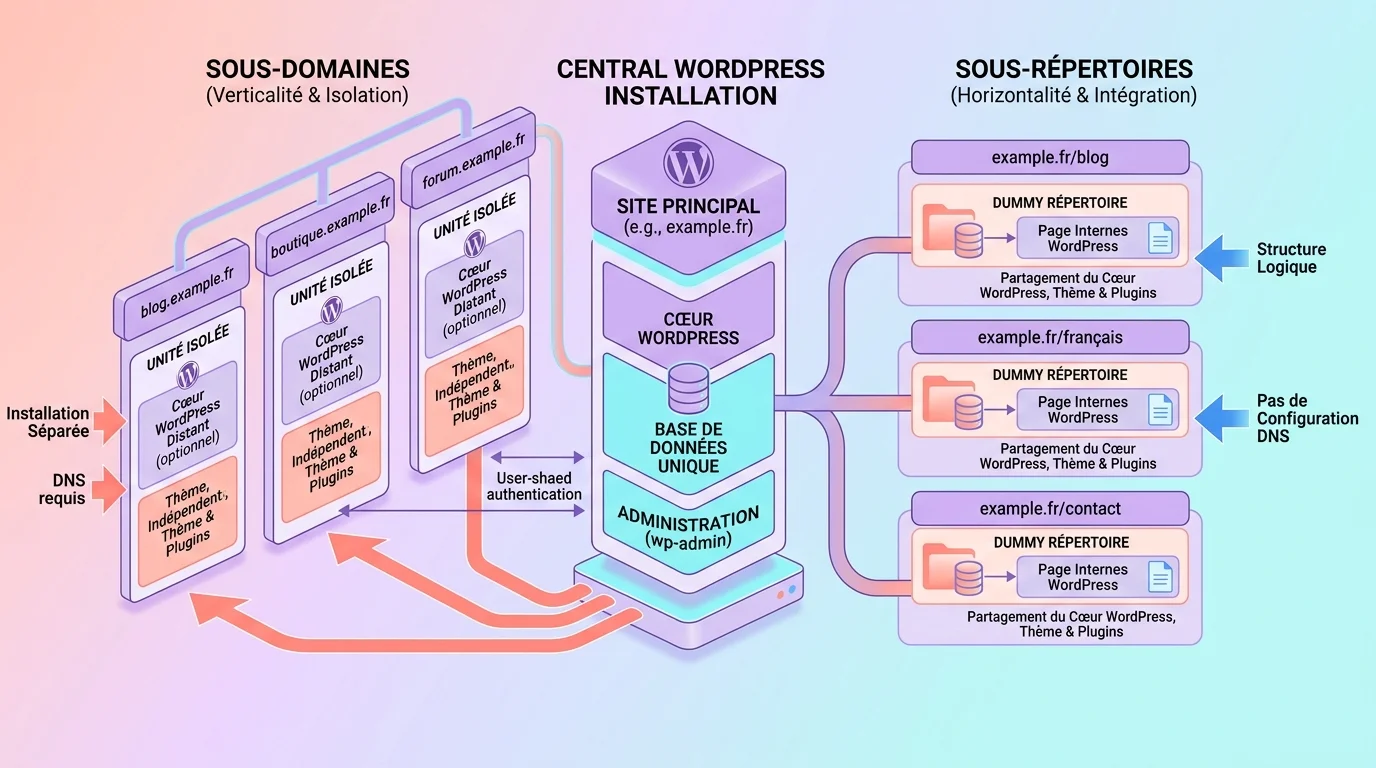Schéma en perspective comparant des sous-domaines à gauche et des sous-répertoires à droite autour d’un WordPress central