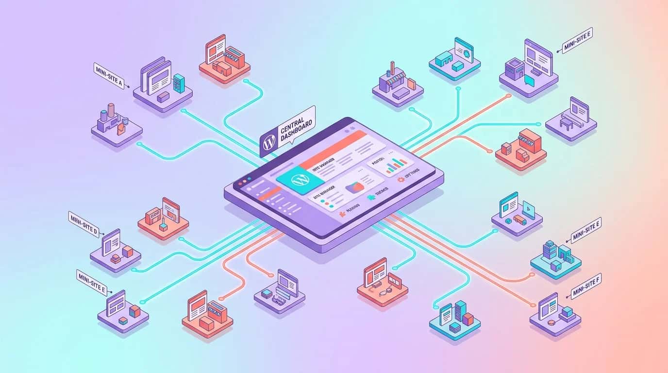 Isometric view of a central WordPress dashboard connected to several colourful websites on a shared network