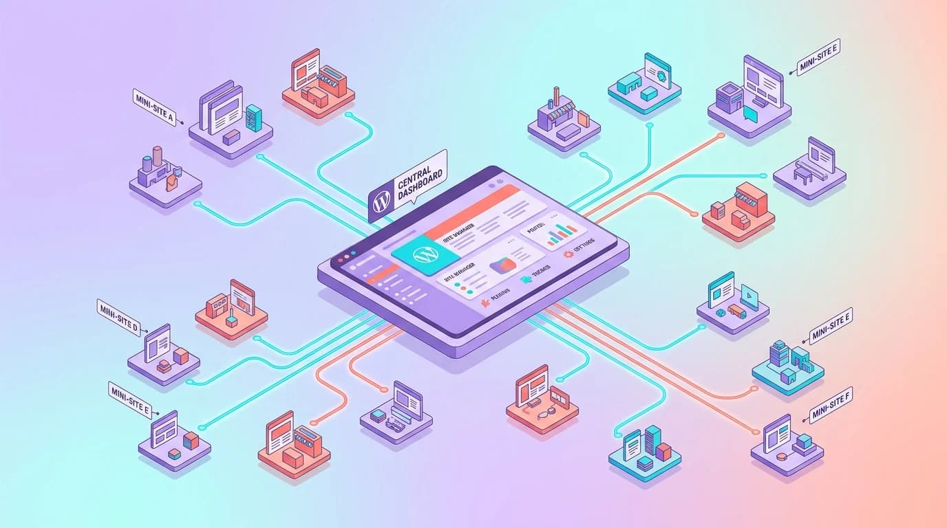Vue isométrique d’un tableau de bord WordPress central relié à plusieurs mini-sites colorés sur un réseau commun