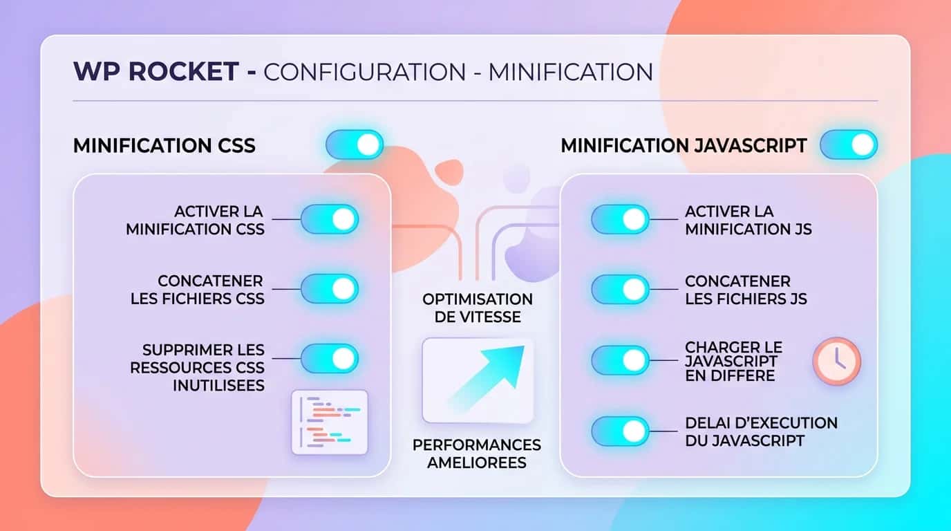 WP Rocket settings screen with CSS and JavaScript minification enabled in WordPress