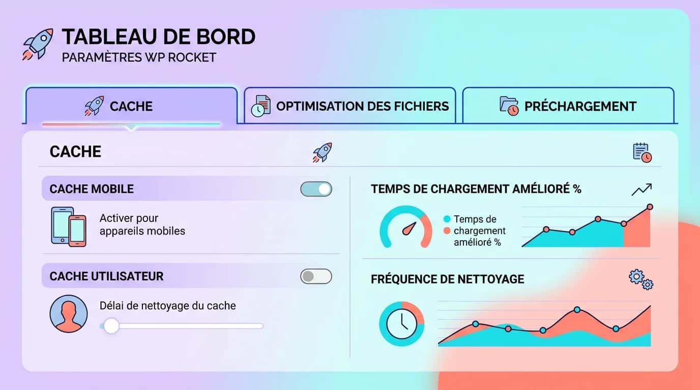 WP Rocket dashboard with cache, file optimisation and preloading tabs on a WordPress background