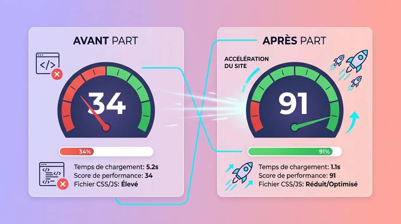 Side-by-side PageSpeed Insights scores of 34 before and 91 after activating WP Rocket