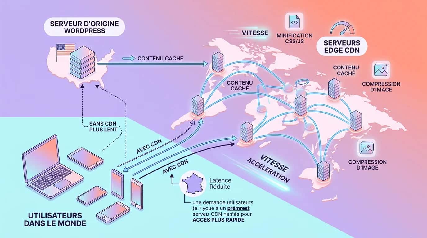 CDN diagram with distributed servers in France and worldwide accelerating WordPress