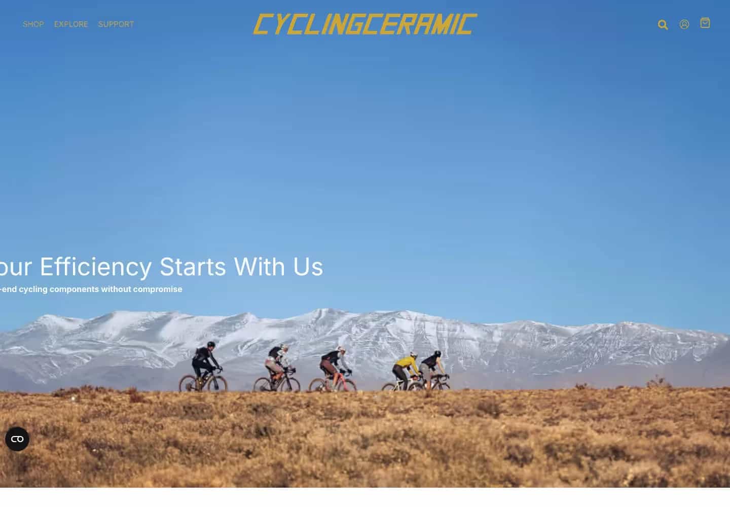 Page d'accueil de la boutique CyclingCeramic en desktop, bandeau « Your Efficiency Starts With Us »