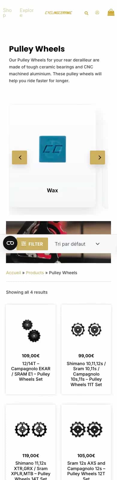 Page catégorie CyclingCeramic sur mobile, liste de produits