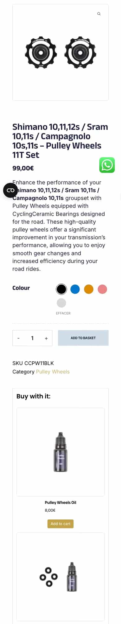 Fiche produit CyclingCeramic sur mobile, jeu de galets 11T avec description et options de couleur