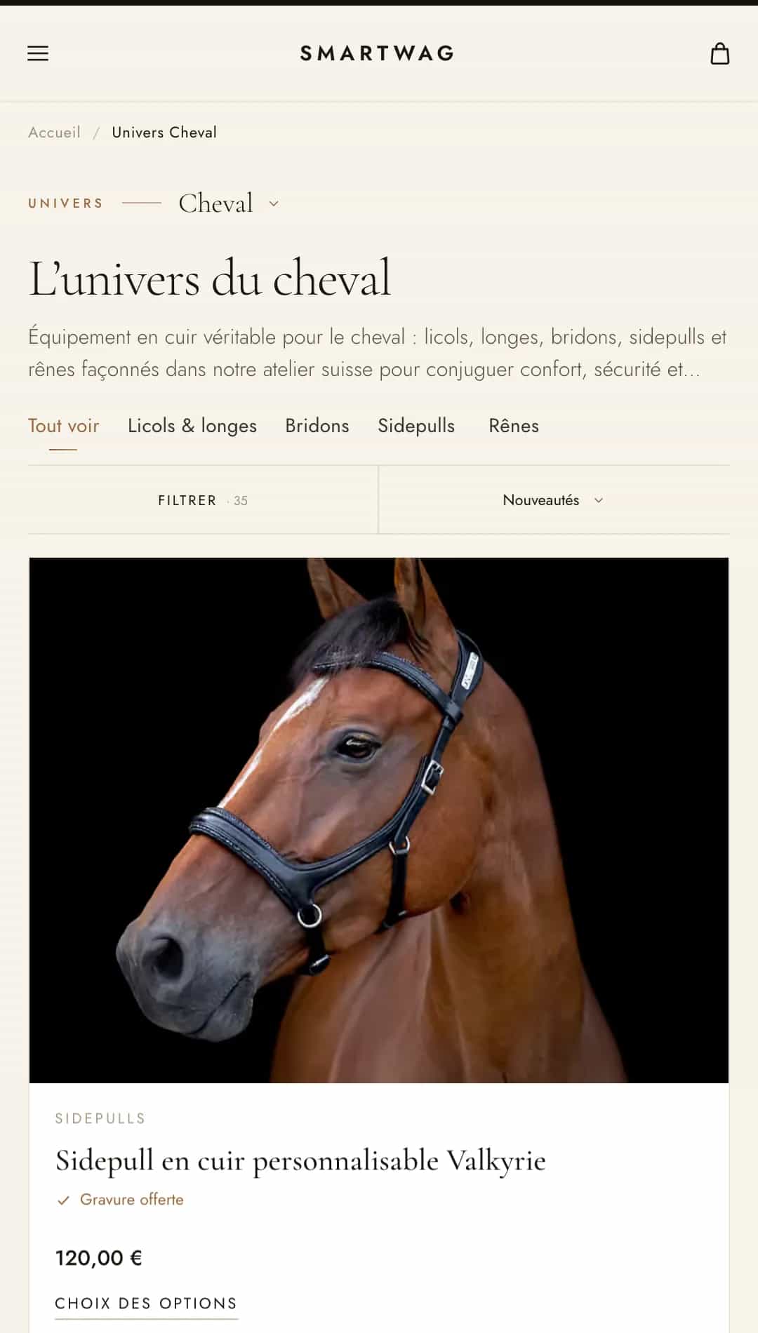 Page Univers Cheval de Smartwag avec les filtres licols, longes, bridons, sidepulls et rênes
