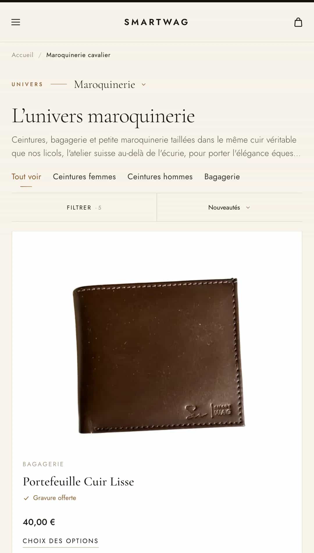 Page Univers Maroquinerie de Smartwag, portefeuille en cuir lisse avec gravure offerte