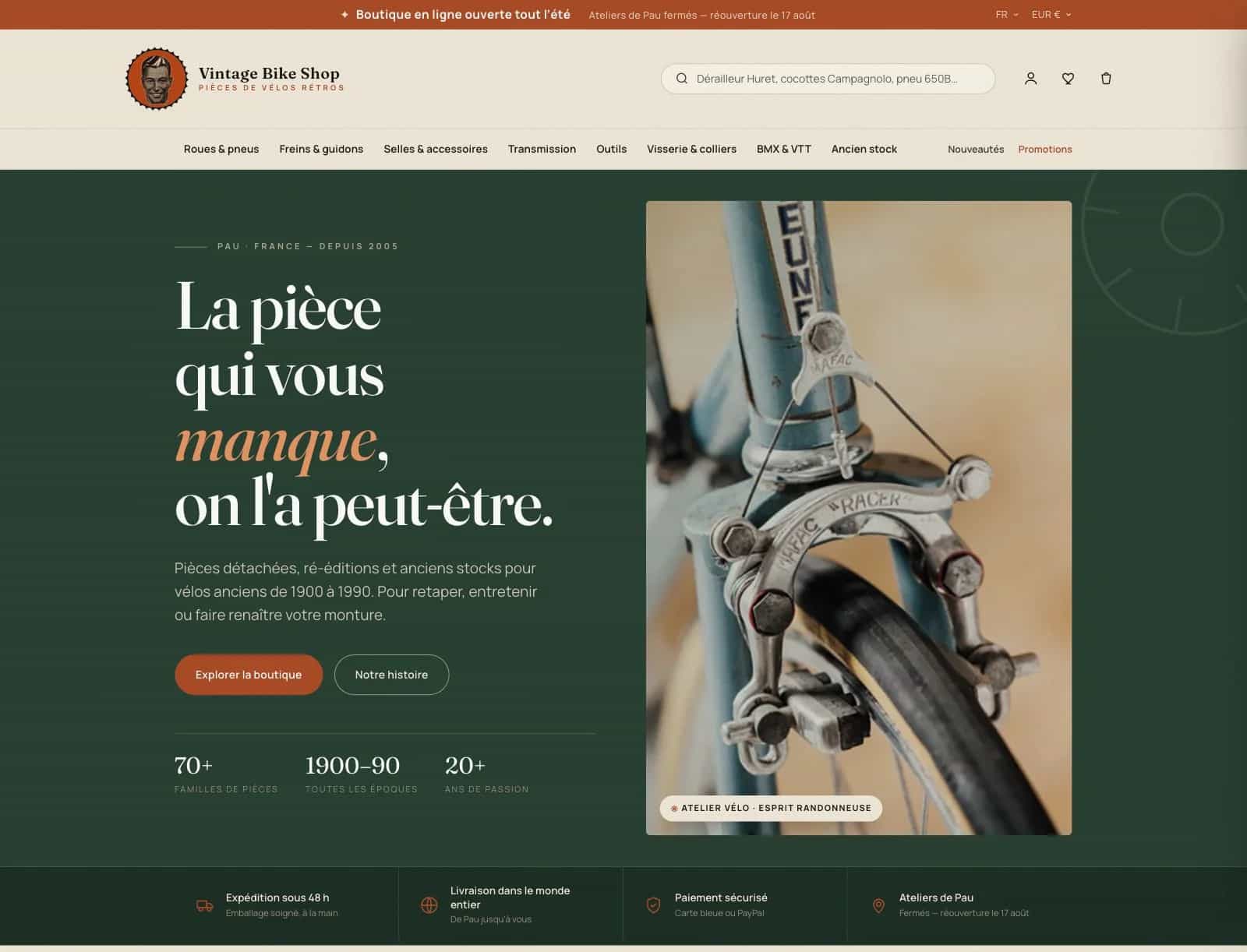 Nouvel accueil de Vintage Bike Shop après la refonte, avec grand manifeste et photographie d'un frein Mafac